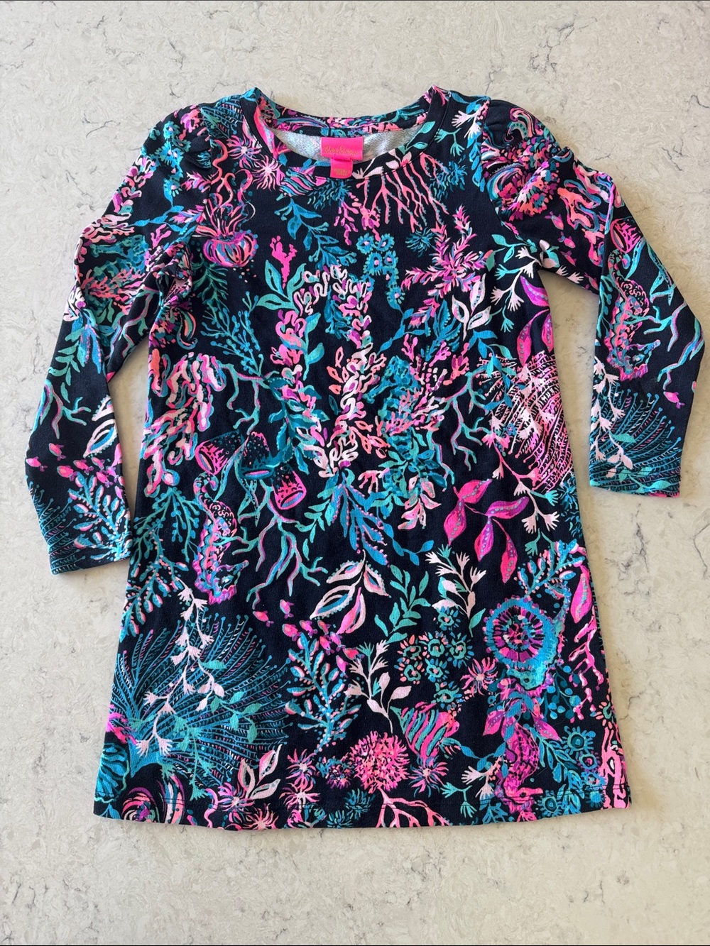 Lily Pulitzer Girls Twilight   Floral Long Sleeve Dress /Black Pink/ Teal/ 6-7